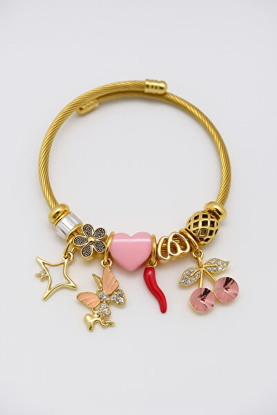 MakeWell Gold Color Tarnish Free Stainless Steel Bracelet with Star Heart Cherry Crescent Design for Kids