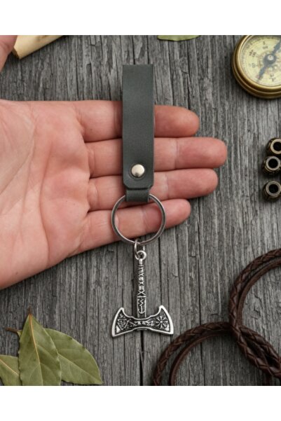 E&F Takı Valknut Axe Design Khaki Green Genuine Leather Keychain Accessory