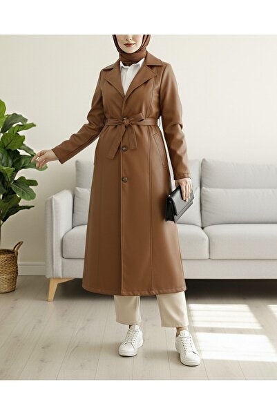 MissRunin Bağcıklı Düğmeli Deri Trençkot