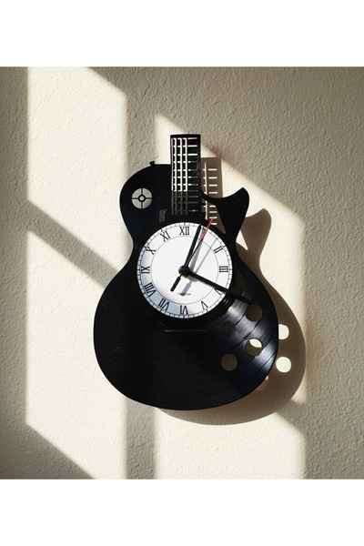 Handmade Gitar Formlu El Yapımı Vinil Plak Duvar Saati – Retro Müzik Dekoru