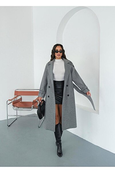 Bermody Mila Palton lung pentru femei decolteu petrecut în V cu centură, din catifea, pardesiu, haină