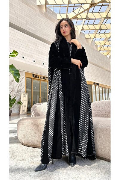 AYA MWT563 - Velvet abaya with polka dot chiffon fabric