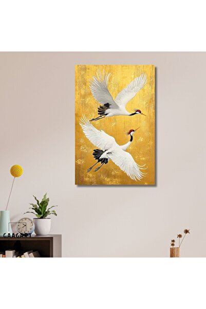 GAAGART Tekli Dikey Kanvas Tablo Yağlı Boya Görünümlü Gold Uçan Turna Kuşları