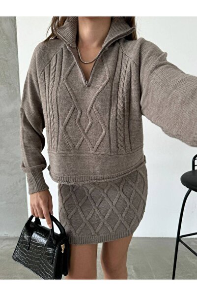 HepsitrentStore Standard Size Zippered Knitwear Sweater Skirt Two-Piece Set