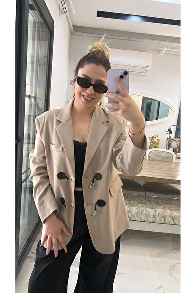 Quzu Toka Aksesuarlı Oversize Blazer Ceket Bej