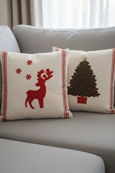 homytextiles New Year - Christmas Themed Punch Embroidered Decorative 2-Piece Throw Pillow Cover, Happy Years