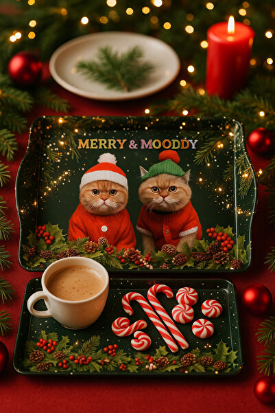 ATAGİFT HEDİYELİK Yılbaşı Metal Tepsisi Noel Kedi Desenli Christmas Küçük Boy Kahve Sunum ve Yeni Yıl Hediye Tepsisi