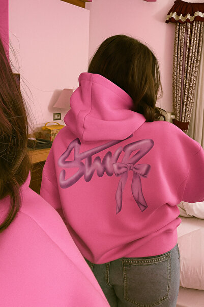 CLASSY.MODA Unisex 3 Thread O Oversized K Hooded Kangaroo Pocket Stwd Bow Patterned Back B Printed Sweatshirt