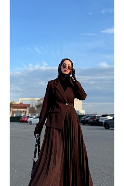 ÖZGENZA Queen Ceket görünümlü Piliseli Elbise Acı Kahve