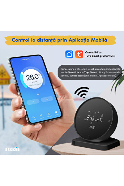 STADIS Termostat de Ambient Smart STADIS™, WiFi, Controlat prin Telefon, Universal, Programabil, Negru