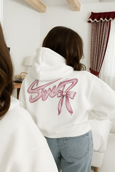 CLASSY.MODA Unisex 3 Thread O Oversized K Hooded Kangaroo Pocket Stwd Bow Patterned Back B Printed Sweatshirt