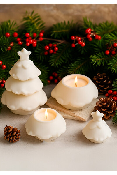 gözayn Yılbaşı Dekoratif Çam Ağacı Mumluk I 3 Parça Set I Ham (Boyanmamış) Dö...