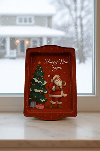 ATAGİFT HEDİYELİK Yılbaşı Metal Sunum Tepsisi- Noel Baba ve Çam Ağacı Desenli Kahve Sunum ve Yeni Yıl Hediye Tepsisi