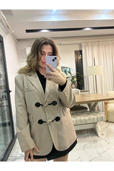 Quzu Toka Aksesuarlı Oversize Blazer Ceket Bej