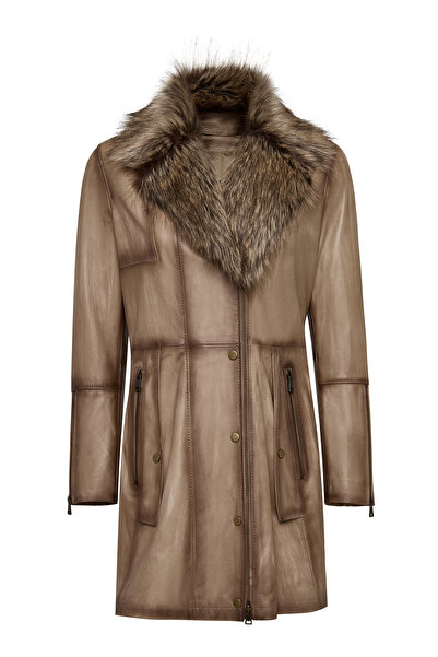 Derimod Kelly Women's Beige Collar Fur Leather Coat 25Wge5619Nc