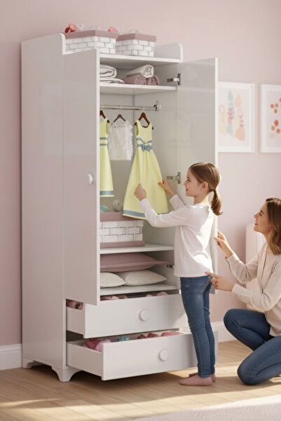 Aktehome 2 KAPAKLI ÇEKMECELİ DOLAP & GARDIROP ÇOÇUK BEBEK DOLAP & GARDIROP 048 BEYAZ - BEYAZ