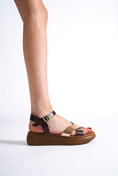 TRENDELLA Orwell Bitter Brown Gold Detailed Genuine Leather Sandals