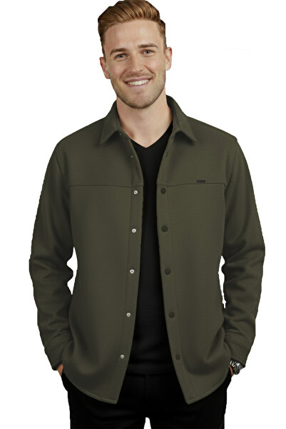DeepSEA Men's Khaki Stretch Fabric Comfortable Fit Pocketless Cashmere Jacket – Snap Fastener, Flexible Stylish Model Jacket 0760