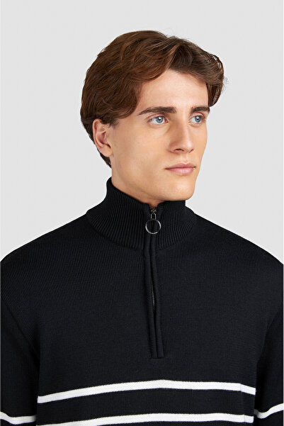 PAUL&SHARK Men's Mock Neck Long Sleeve Line Patterned Long Sleeve Black Knitwear 15311142-213