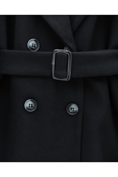 Modamorfo Buttoned Cashmere Poncho with Fur Collar and Belted Waist - Black