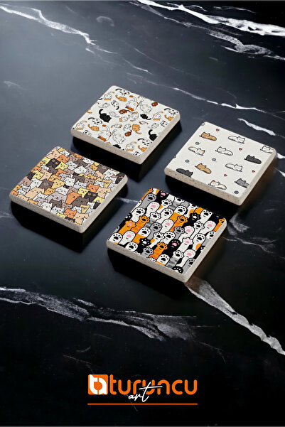 Turuncu Sticker Cat and Paw Series Natural Stone Coaster Set, Home and Office Use 10X10Cm