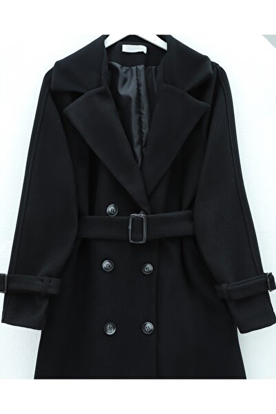 Modamorfo Buttoned Cashmere Poncho with Fur Collar and Belted Waist - Black