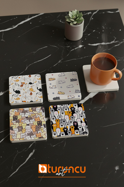 Turuncu Sticker Cat and Paw Series Natural Stone Coaster Set, Home and Office Use 10X10Cm
