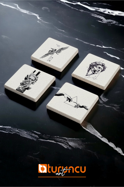 Turuncu Sticker Michelangelo David Series Natural Stone Coaster Set, Home and Office Use 10X10Cm