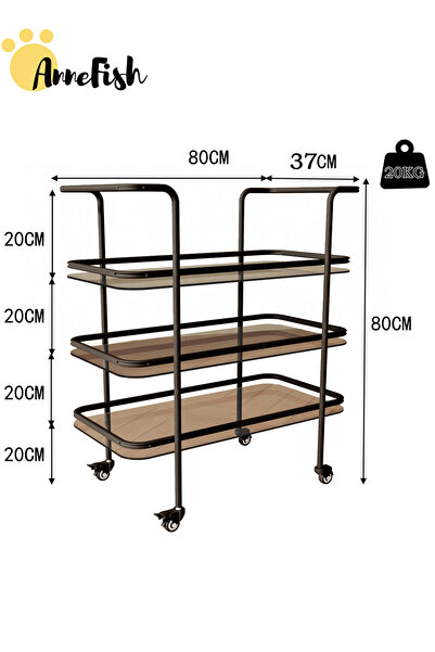 AnneFish 3 Tier Glass Rolling Serving Trolley Home Bar Serving Cart with Wheels and Storage Shelves Cart