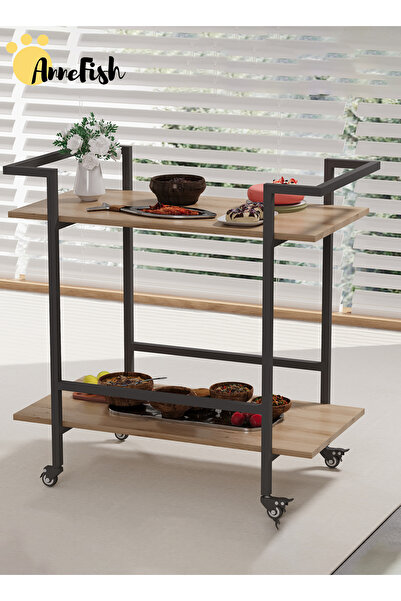AnneFish 2 Tier Rolling Serving Trolley Home Dining Serving Cart with Wheels and Storage Shelves Cart