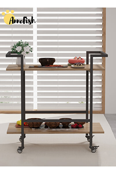 AnneFish 2 Tier Rolling Serving Trolley Home Dining Serving Cart with Wheels and Storage Shelves Cart