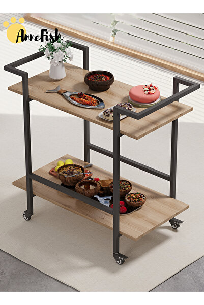 AnneFish 2 Tier Rolling Serving Trolley Home Dining Serving Cart with Wheels and Storage Shelves Cart