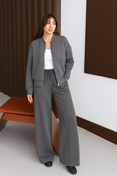 Mogi Butik Women's 3 Thread Fleece Lined Robe Bomber Jacket Palazzo Suit 3130