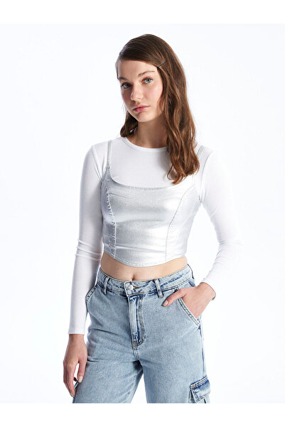 LC Waikiki Gray U Neck Leather-Look Women's Crop