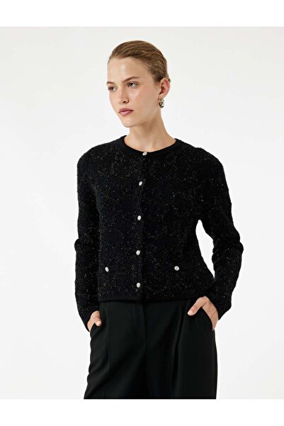 Koton Buttoned Long Sleeve Metallic Yarn Detailed Knitwear Cardigan