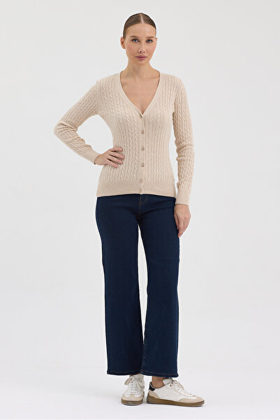 hateko Жіночий светр з 100% бавовни бежевого кольору з плетеним візерунком – плетений візерунок