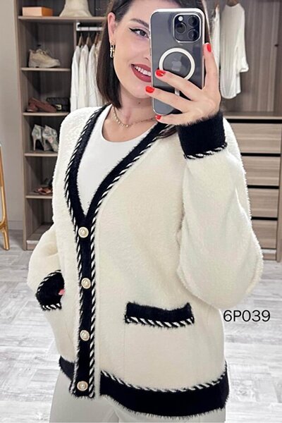 ThisBest V-Neck Pearl Buttoned Women's Knitwear Cardigan with Pockets-Trend