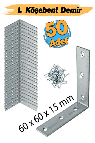 Badem10 (50 ADET) Metal Köşebent 60x60x15 mm Mobilya Dolap Duvar Sabitleme Bağlantı Aparatı L Demiri Gönye