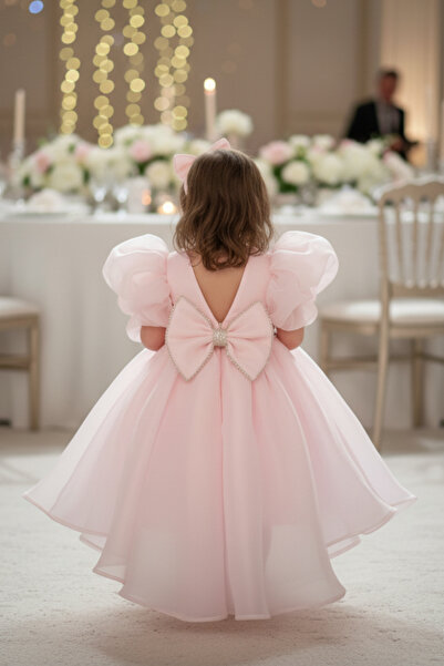 Bertuğ Bebek Pink Organza Girls' Baby Tailing Fluffy Evening Dress