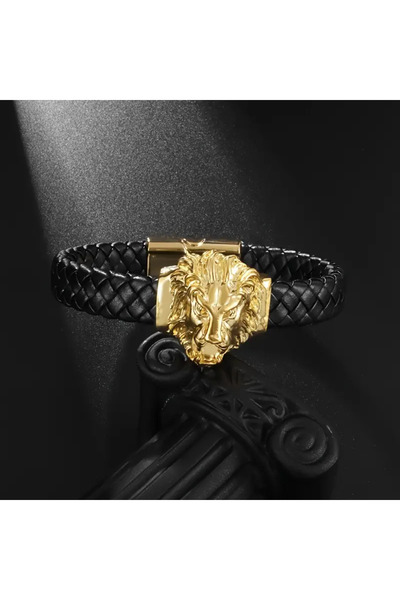 M2M "Altın Aslan Başlı Örgü Deri Erkek Bileklik — Güç ve Şıklık Bir Arada"
