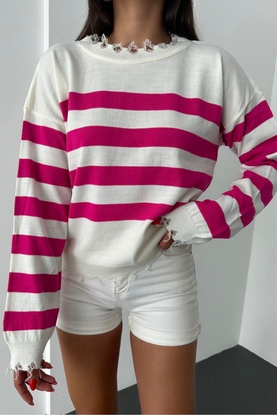 Noi Belis Flowy Detailed Crop Length Color Block Knitwear Sweater Aw25Kz0035