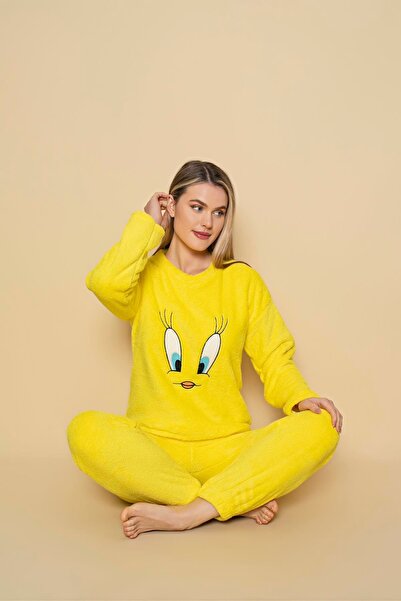 Sude Bisiklet Yaka Nakışlı Kadın Peluş Pijama Takımı | P301-01