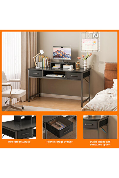 Venpara Computer Desk with Monitor Stand, Office Desk with Keyboard Tray & 2 Drawers, Study Table for Home