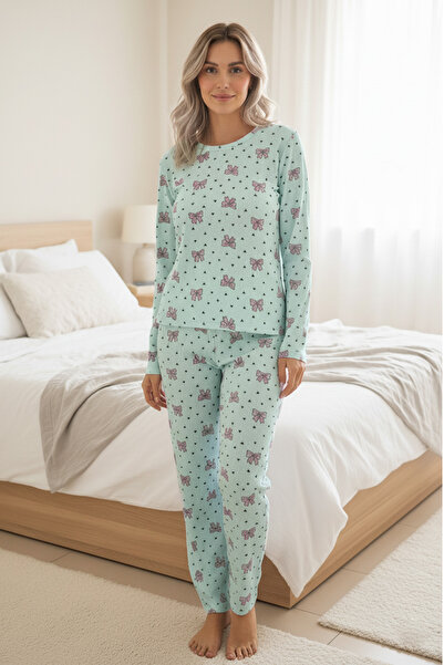 Fulla Moda Bow and Heart Patterned Crew Neck Pajama Set