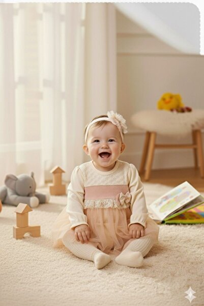 MİNİBORN 3504 Girl's Long Sleeve Collar Lace Tulle Badi Dress Bandana Set