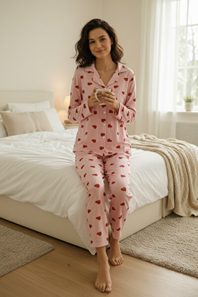 Fulla Moda Heart Patterned Polo Neck Buttoned Pajama Set