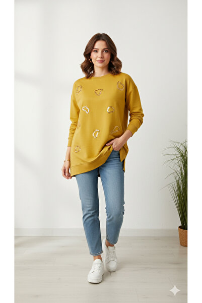 azram 💛   Vibrant Yellow Sequin Embroidered Heart Detail Tunic Sweatshirt