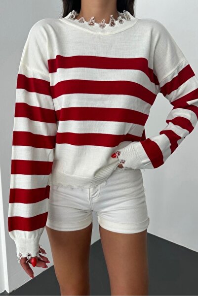 Noi Belis Flowy Detailed Crop Length Color Block Knitwear Sweater Aw25Kz0035