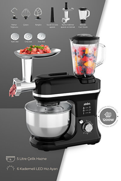 Sinbo SMX-2772 Çok Amaçlı 3ın1 Mutfak Şefi Hamur Yoğurma Kıyma Makinesi Sürahi Blender 1200w