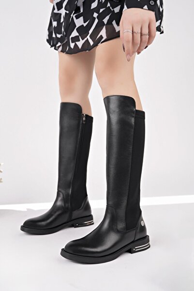 Mammamia D25Kc 2365 Black Genuine Leather Stretch Women's Boots